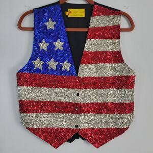 Vintage USA American Flag Sequin Vest size S Snap Front Patriotic Hand Made